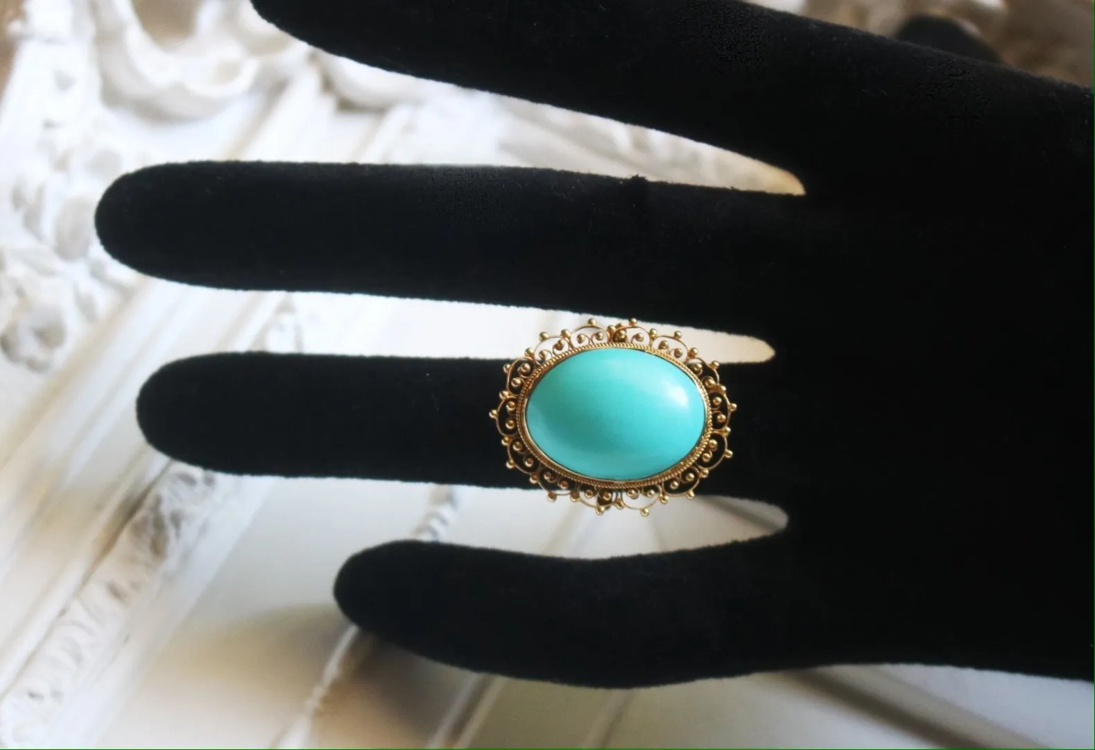 18kt Gold Cannetille Ring with 11 carat Genuine Persian Turquoise Stone