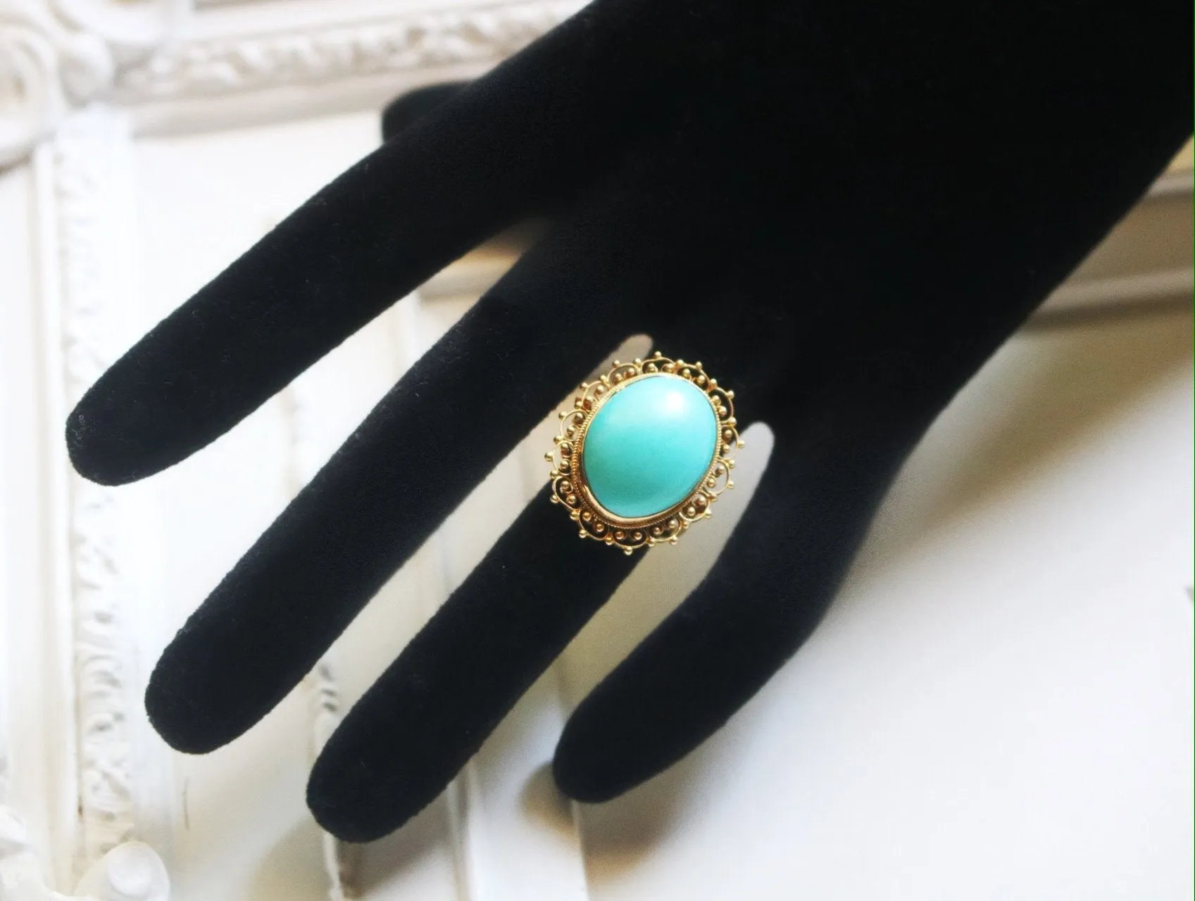 18kt Gold Cannetille Ring with 11 carat Genuine Persian Turquoise Stone