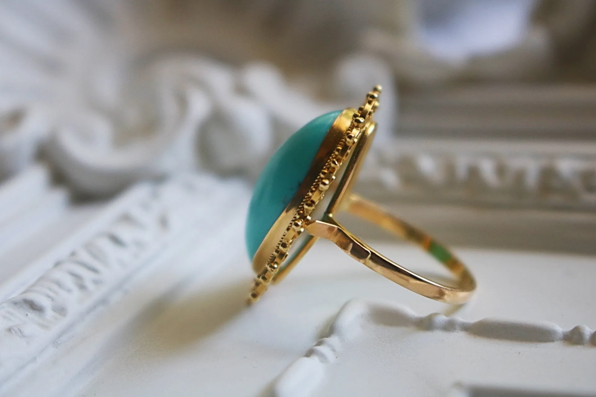 18kt Gold Cannetille Ring with 11 carat Genuine Persian Turquoise Stone