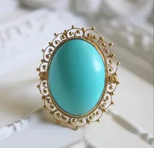 18kt Gold Cannetille Ring with 11 carat Genuine Persian Turquoise Stone