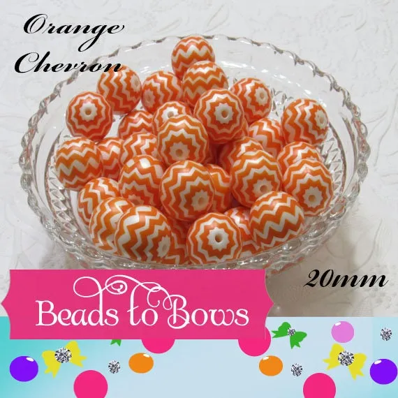20mm Orange Chevron on Matte White Pearls,  Bubblegum Beads, Chunky Gumball Beads, Bubblegum Bead Supply, Chunky Printed Pearl Beads