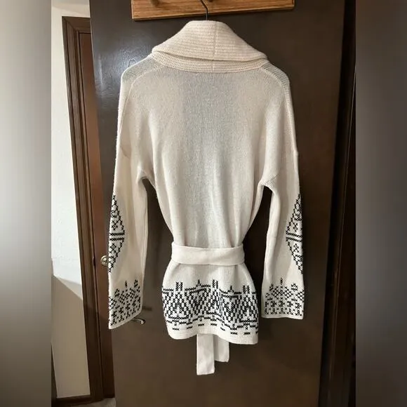 360 Cashmere Cream with Black Embroidery midi Duster Cardigan Size XS