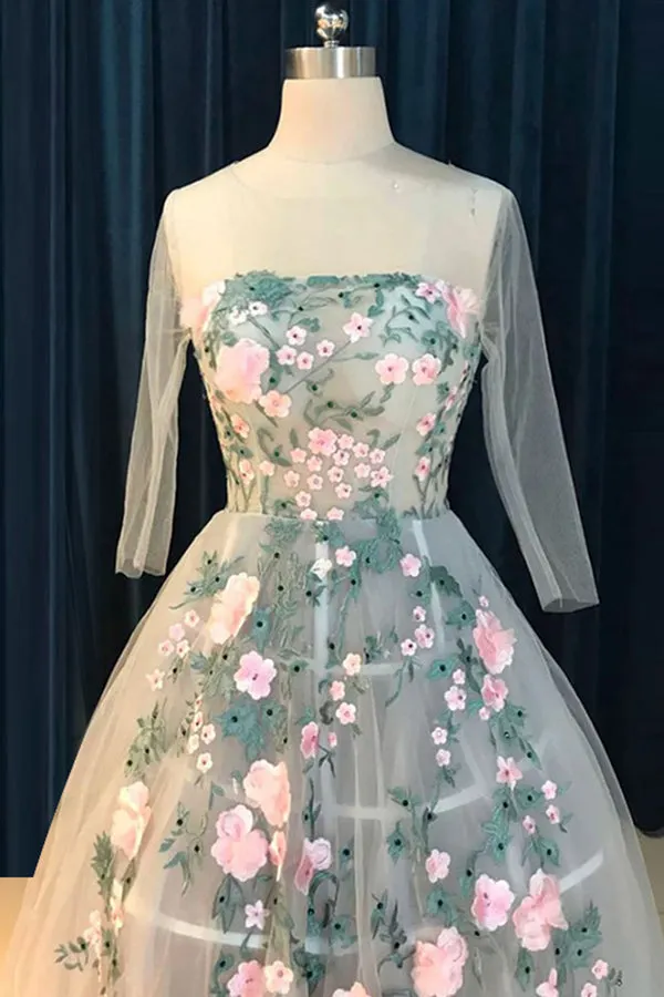 A-Line Crew Court Train 3/4 Sleeves Ivory Tulle Prom Dress with Appliques Q48