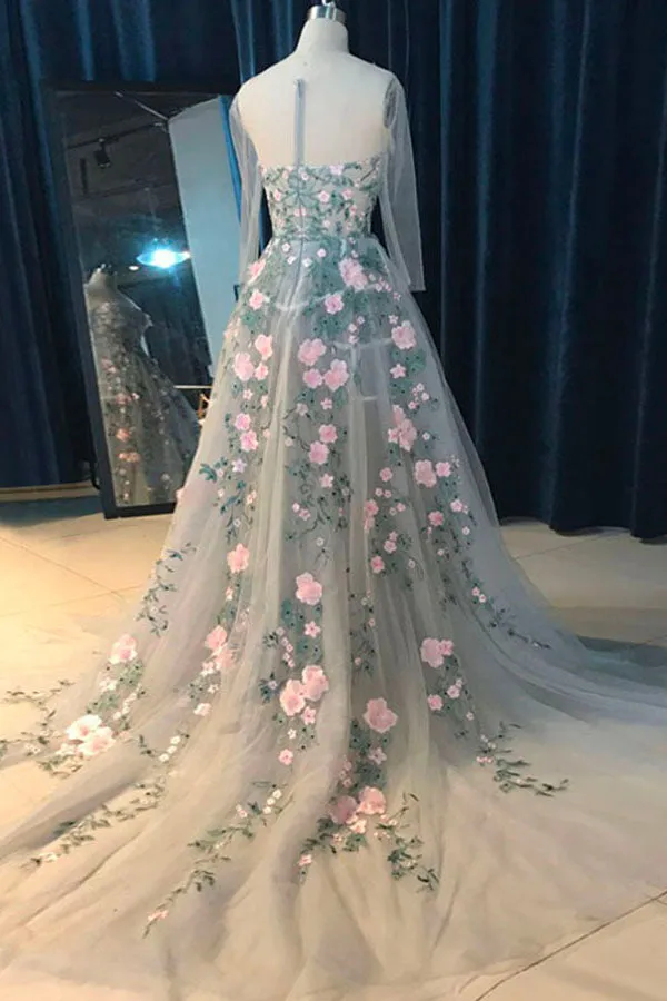 A-Line Crew Court Train 3/4 Sleeves Ivory Tulle Prom Dress with Appliques Q48