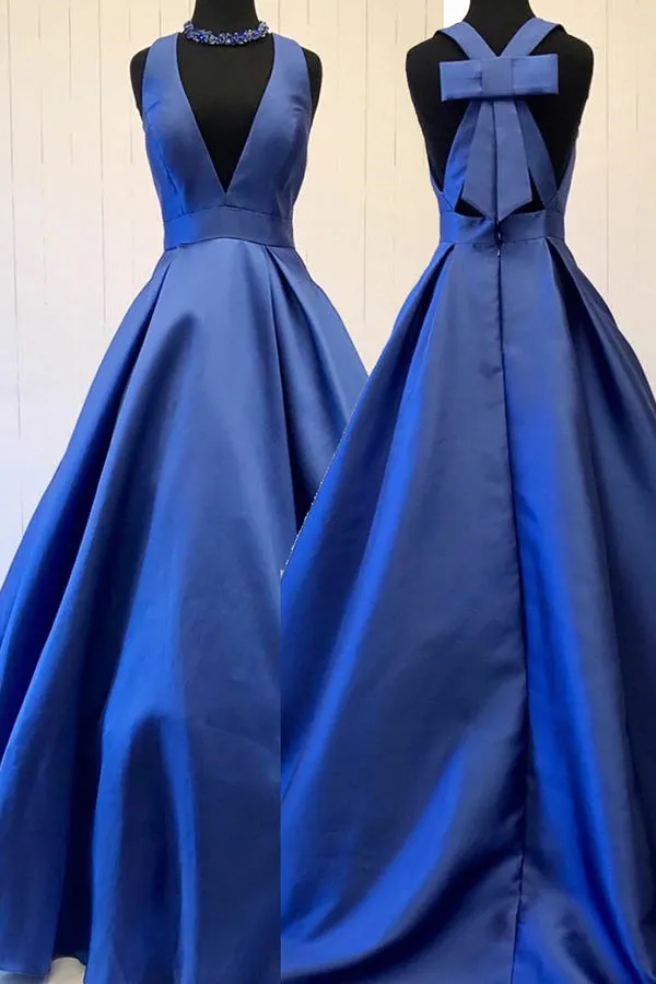 A-Line Deep V-Neck Court Train Royal Blue Satin Prom Dress with Bowknot Q11