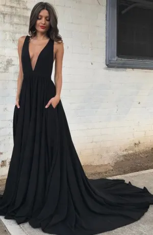 A-Line Deep V-Neck Court Train Sleeveless Backless Black Chiffon Prom Dress Z31