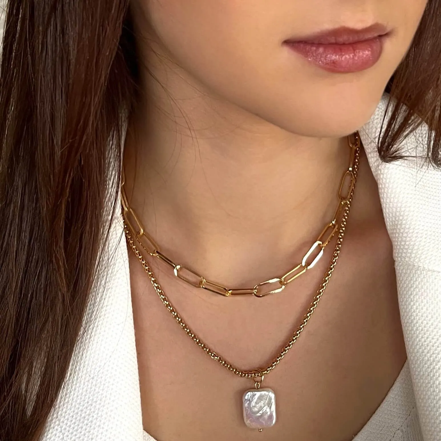 Absolute Gold Double Chain Pearl Pendant Necklace