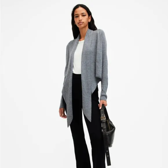 AllSaints Pirate Cardigan Wrap Light Dove Gray Wool Silk Tie Front Size 8 Small