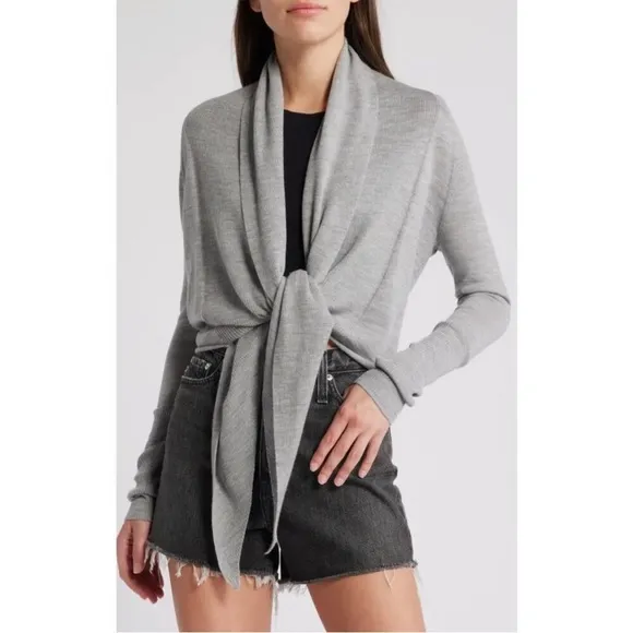 AllSaints Pirate Cardigan Wrap Light Dove Gray Wool Silk Tie Front Size 8 Small