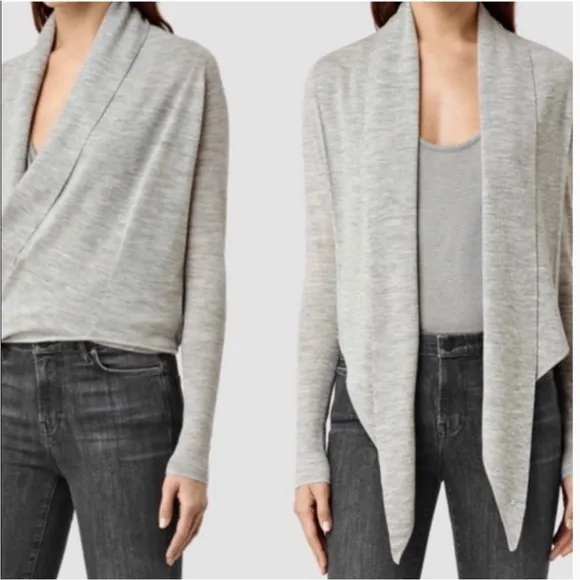 AllSaints Pirate Cardigan Wrap Light Dove Gray Wool Silk Tie Front Size 8 Small