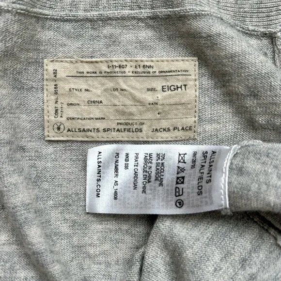 AllSaints Pirate Cardigan Wrap Light Dove Gray Wool Silk Tie Front Size 8 Small