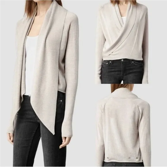 AllSaints Pirate Cardigan Wrap Light Dove Gray Wool Silk Tie Front Size 8 Small