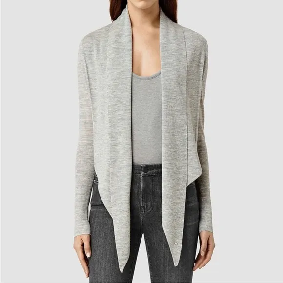 AllSaints Pirate Cardigan Wrap Light Dove Gray Wool Silk Tie Front Size 8 Small