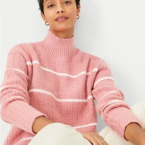 Ann Taylor Textured Blush and White Striped Turtleneck Size Large NWOT