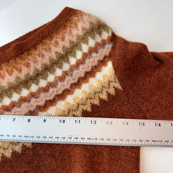 Anthropologie Sweater Women XS Orange Vittoria One Shoulder Fair Isle Wool Blend
