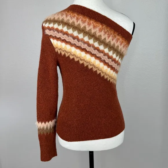 Anthropologie Sweater Women XS Orange Vittoria One Shoulder Fair Isle Wool Blend