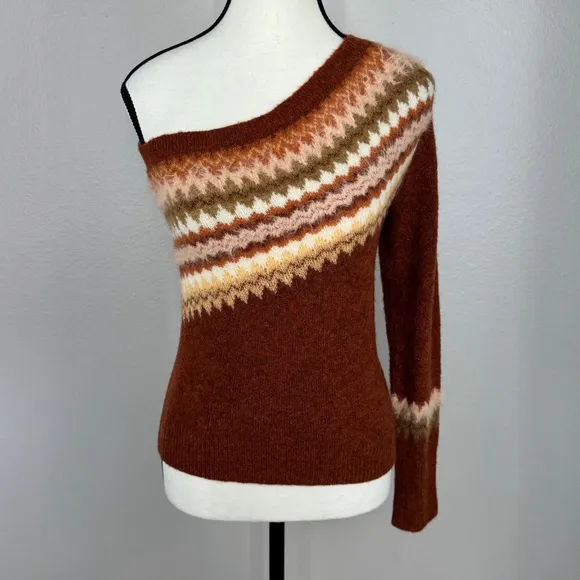 Anthropologie Sweater Women XS Orange Vittoria One Shoulder Fair Isle Wool Blend
