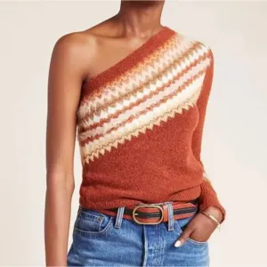 Anthropologie Sweater Women XS Orange Vittoria One Shoulder Fair Isle Wool Blend