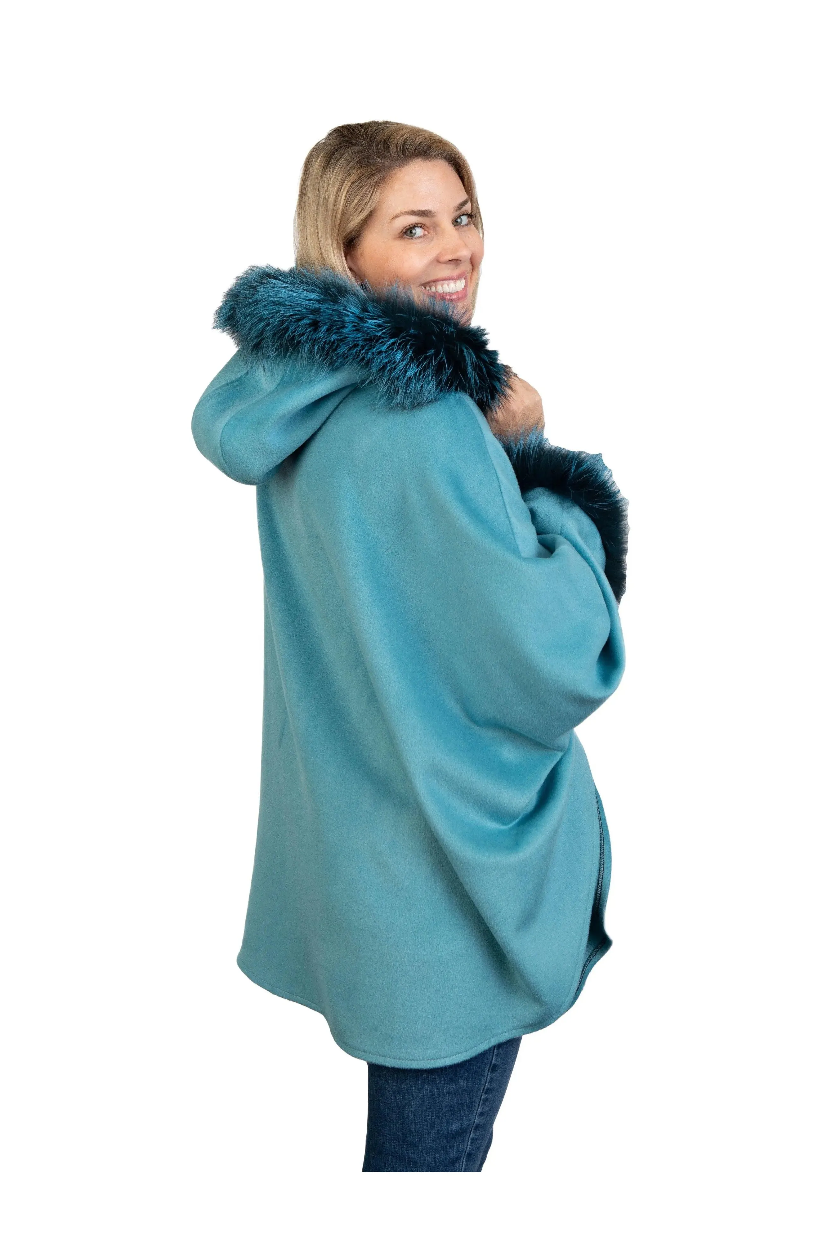 Aqua Wool & Cashmere Cape w/ Fox Trim