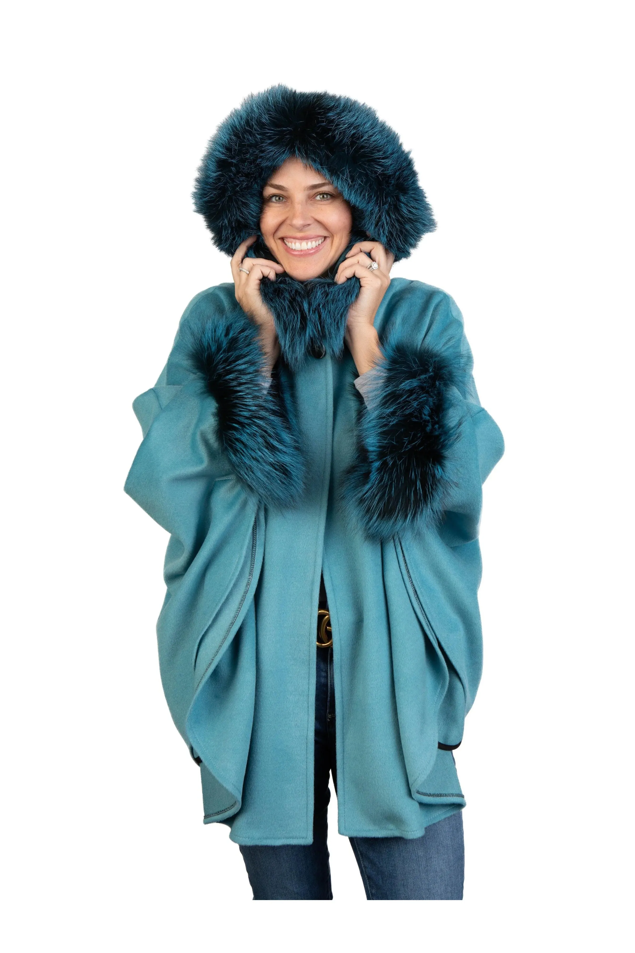 Aqua Wool & Cashmere Cape w/ Fox Trim