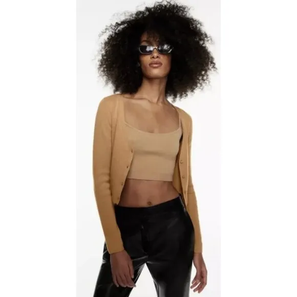 ARITZIA BABATON Georgia Cropped Wool Blend Cardigan in Camel Tan - Size XS
