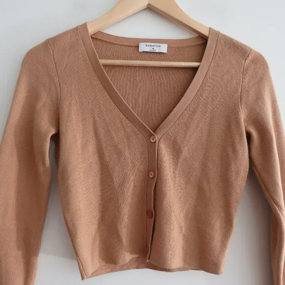 ARITZIA BABATON Georgia Cropped Wool Blend Cardigan in Camel Tan - Size XS