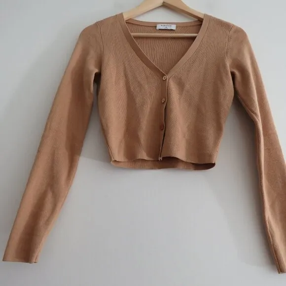 ARITZIA BABATON Georgia Cropped Wool Blend Cardigan in Camel Tan - Size XS
