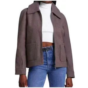 Bagatelle Cropped Zip Front Collared Jacket Chocolate Brown Barn Chore Medium