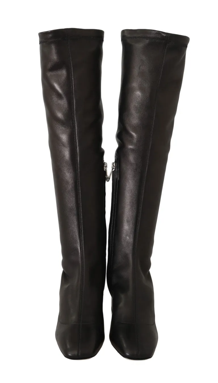 Black Stretch Leather Knee Boots