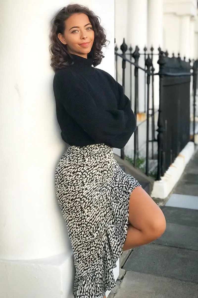 Black White Leopard Print Frilled Hem Midi Skirt - Julia