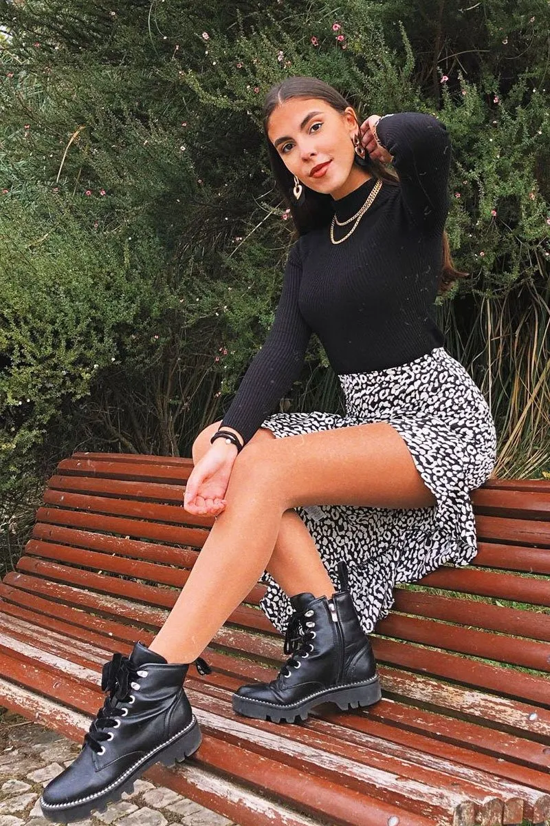 Black White Leopard Print Frilled Hem Midi Skirt - Julia