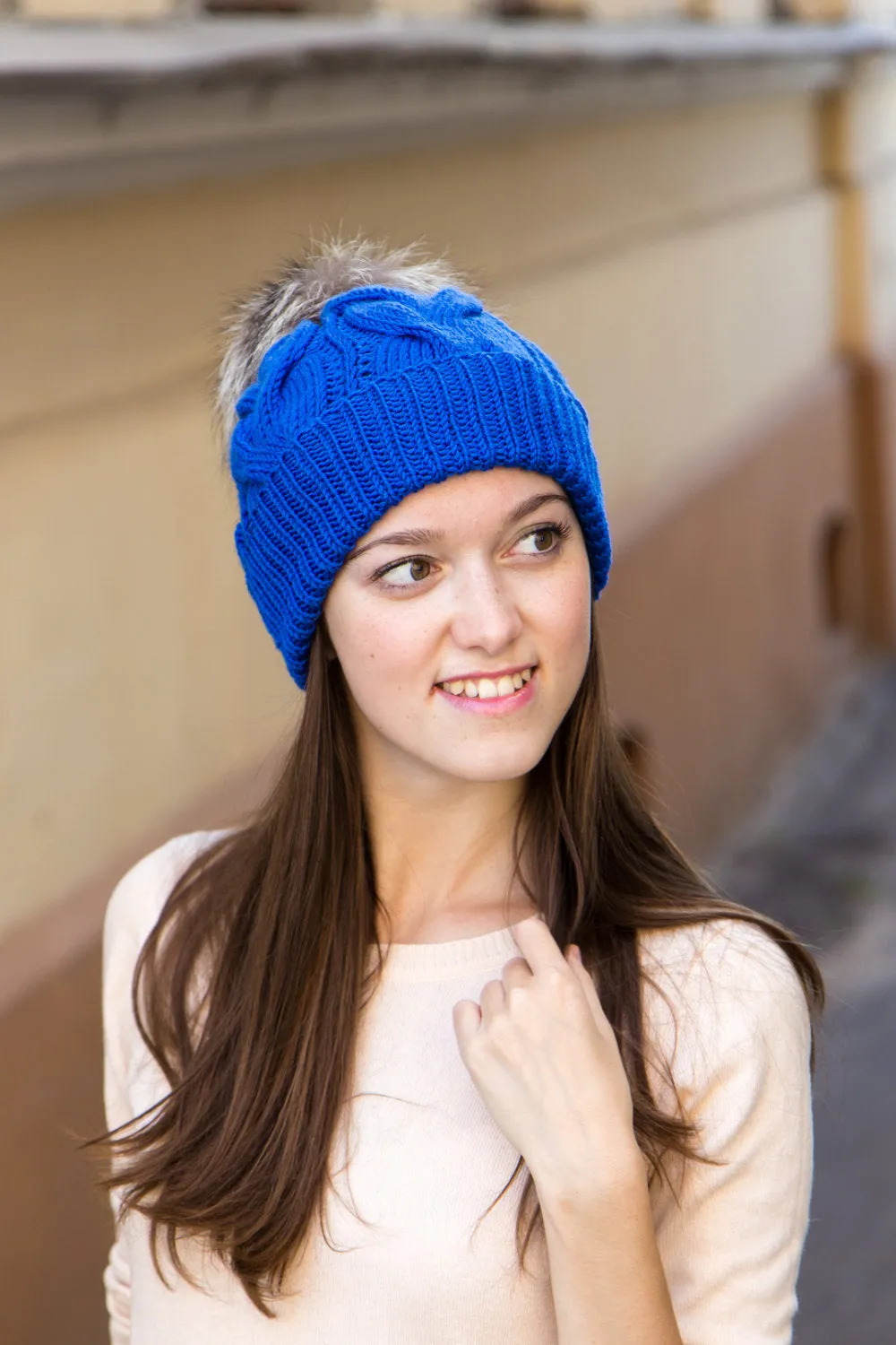 Cable Knit Hat With Real Fur Bobble