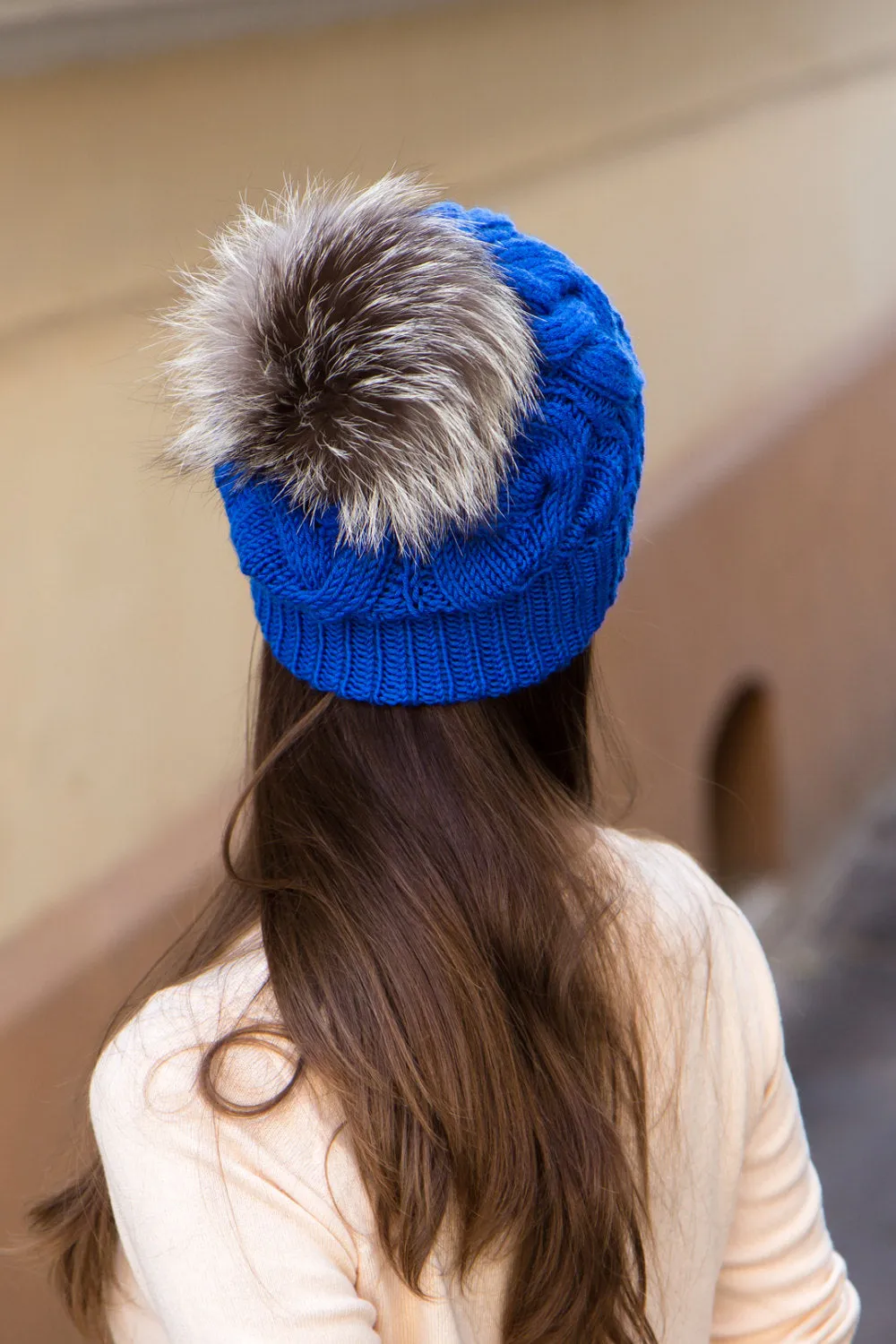 Cable Knit Hat With Real Fur Bobble