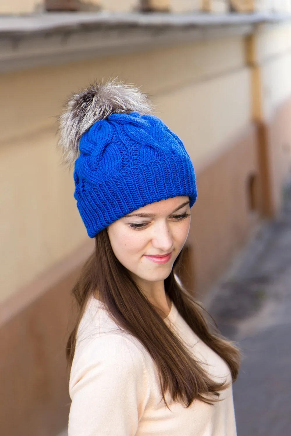 Cable Knit Hat With Real Fur Bobble