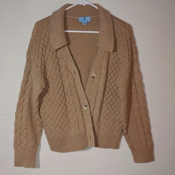 CeCe Chunky Cable Knit Cotton Blend Cardigan Size M Tan