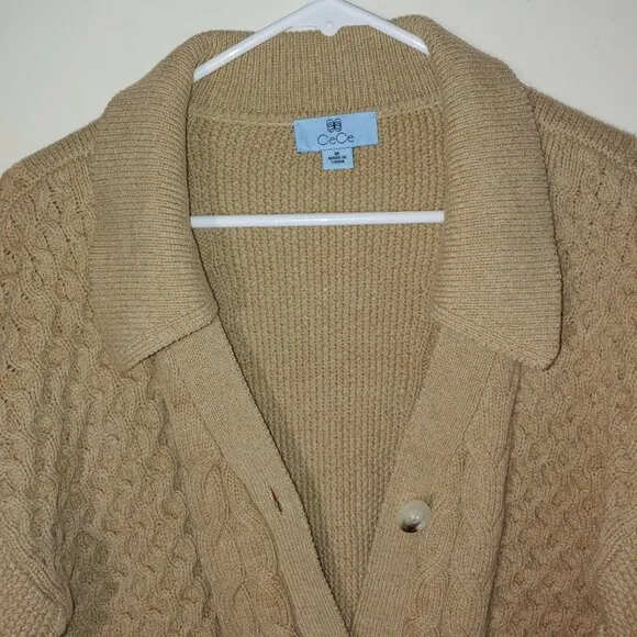 CeCe Chunky Cable Knit Cotton Blend Cardigan Size M Tan