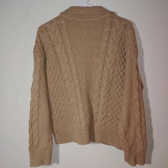 CeCe Chunky Cable Knit Cotton Blend Cardigan Size M Tan