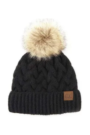 Chunky Braid Pom Beanie - Black