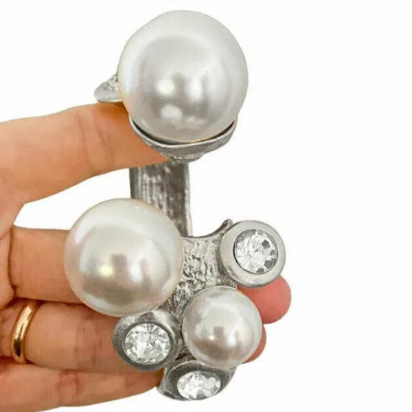 Chunky Pearl Rhinestone Silver Metal Hinged Bracelet