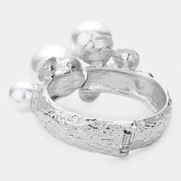Chunky Pearl Rhinestone Silver Metal Hinged Bracelet