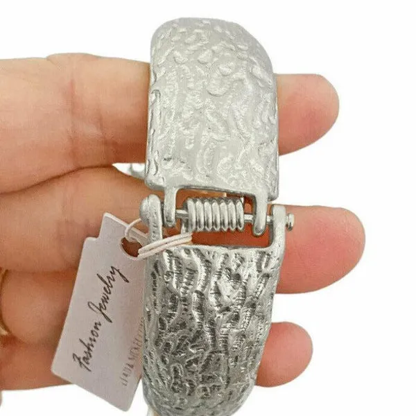 Chunky Pearl Rhinestone Silver Metal Hinged Bracelet