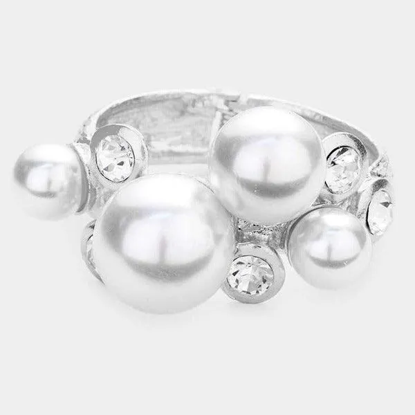 Chunky Pearl Rhinestone Silver Metal Hinged Bracelet