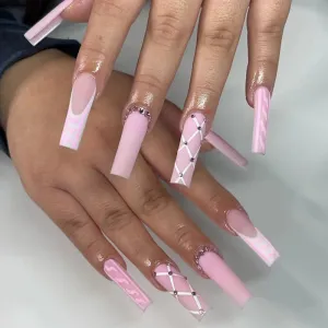 Coffin pink french stones crossline