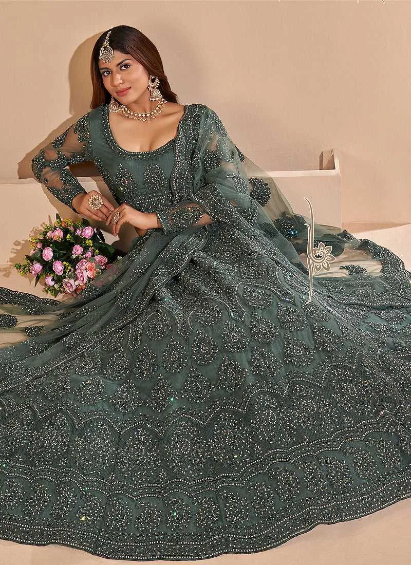 Dark Green Floral Embroidered Stylish Lehenga Choli