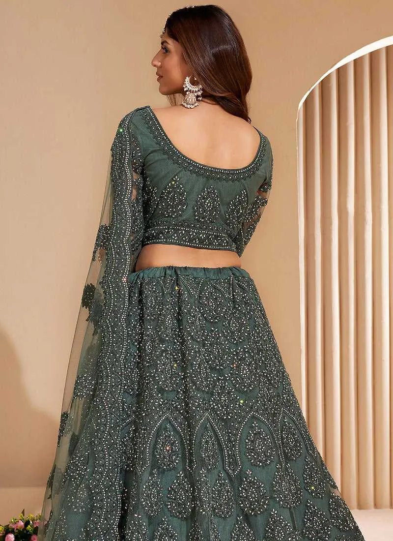 Dark Green Floral Embroidered Stylish Lehenga Choli
