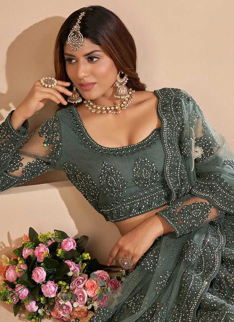 Dark Green Floral Embroidered Stylish Lehenga Choli