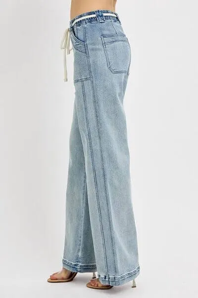 Day to Day Straight Leg Tie Waist Jeans in Medium Wash - Misses and Curvy
