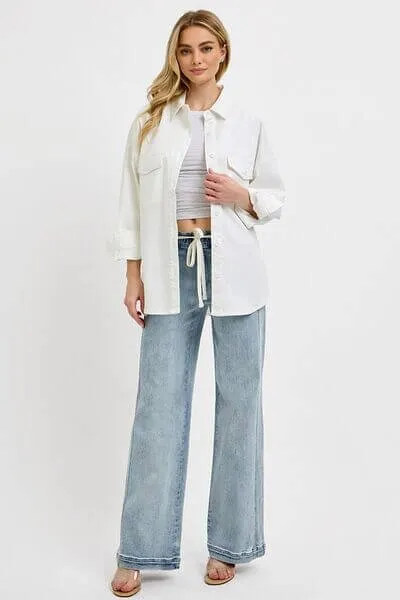 Day to Day Straight Leg Tie Waist Jeans in Medium Wash - Misses and Curvy