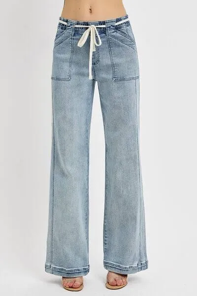 Day to Day Straight Leg Tie Waist Jeans in Medium Wash - Misses and Curvy