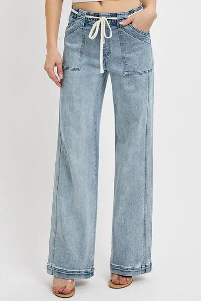 Day to Day Straight Leg Tie Waist Jeans in Medium Wash - Misses and Curvy